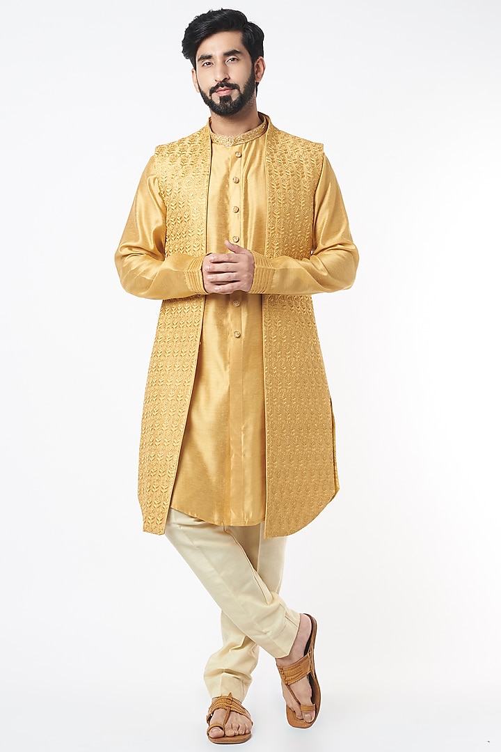 Mustard Thread Embroidered Jacket Set by KORA BY NILESH MITESH