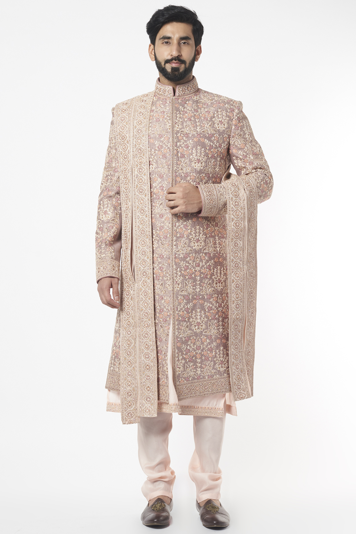 Dusty Onion Pink Raw Silk Groom Sherwani Set by KORA BY NILESH MITESH at Pernia's Pop Up Shop