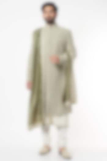 Olive Green Embroidered Wedding Sherwani Set by KORA BY NILESH MITESH at Pernia's Pop Up Shop