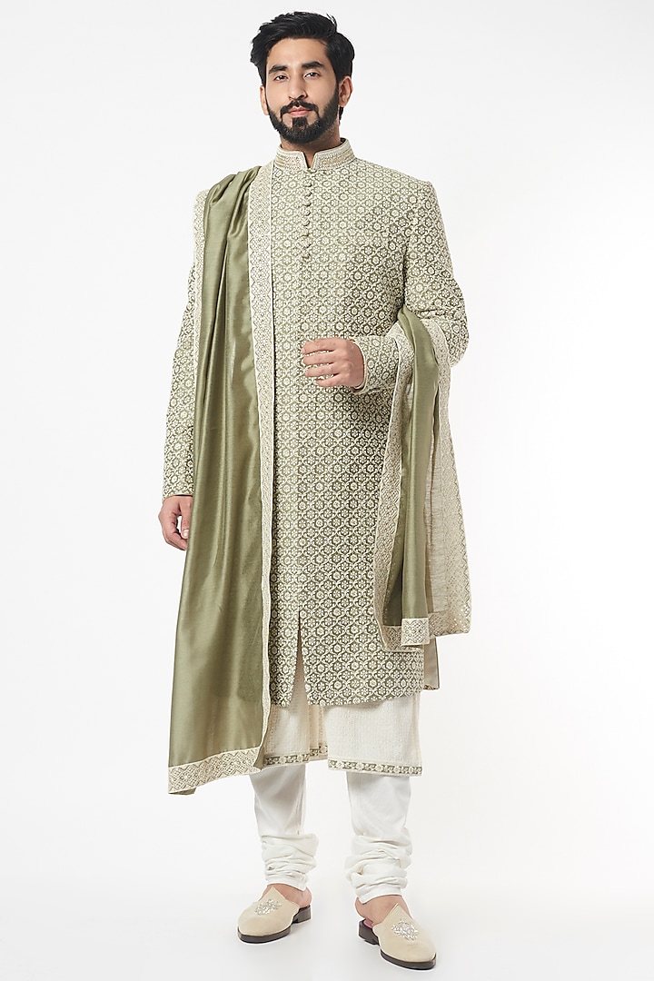 Olive Green Embroidered Wedding Sherwani Set by KORA BY NILESH MITESH at Pernia's Pop Up Shop