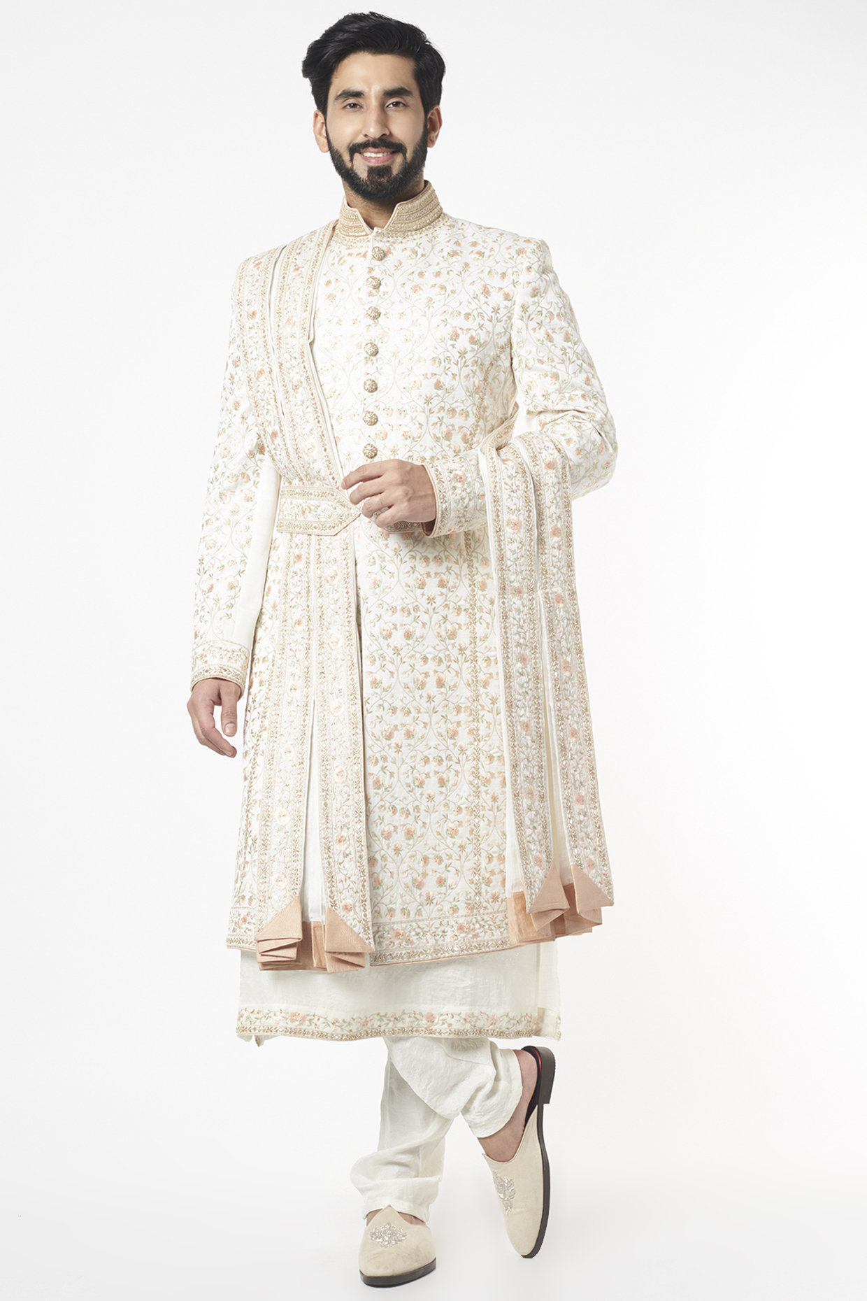 Ivory Hand & Machine Embroidered Wedding Sherwani Set by KORA BY NILESH MITESH at Pernia's Pop Up Shop