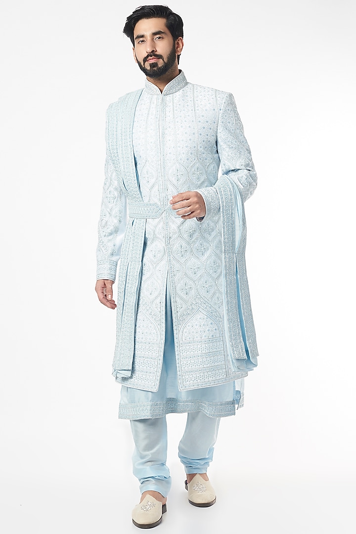 Powder Blue Embroidered Sherwani Set by KORA BY NILESH MITESH