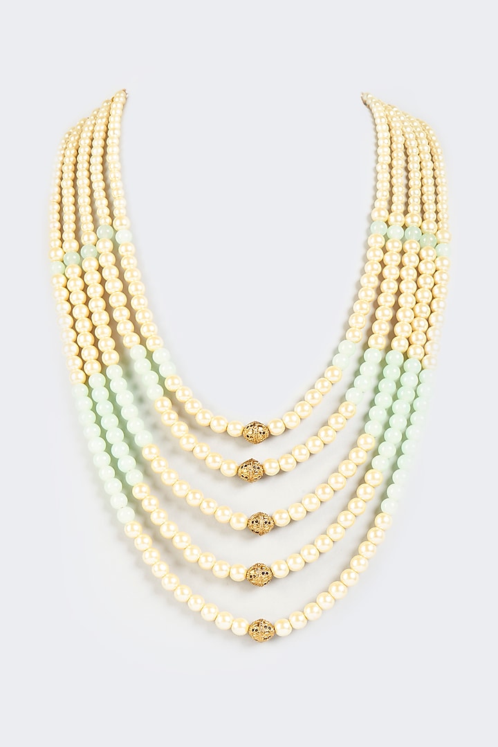 Cream & Aqua Moti Mala by KORA BY NILESH MITESH at Pernia's Pop Up Shop