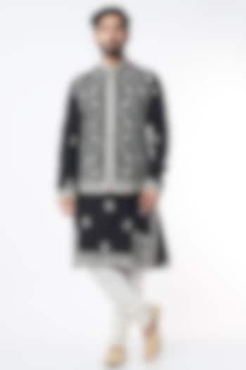 Black Rayon Kurta Set With Bundi Jacket by KORA BY NILESH MITESH at Pernia's Pop Up Shop
