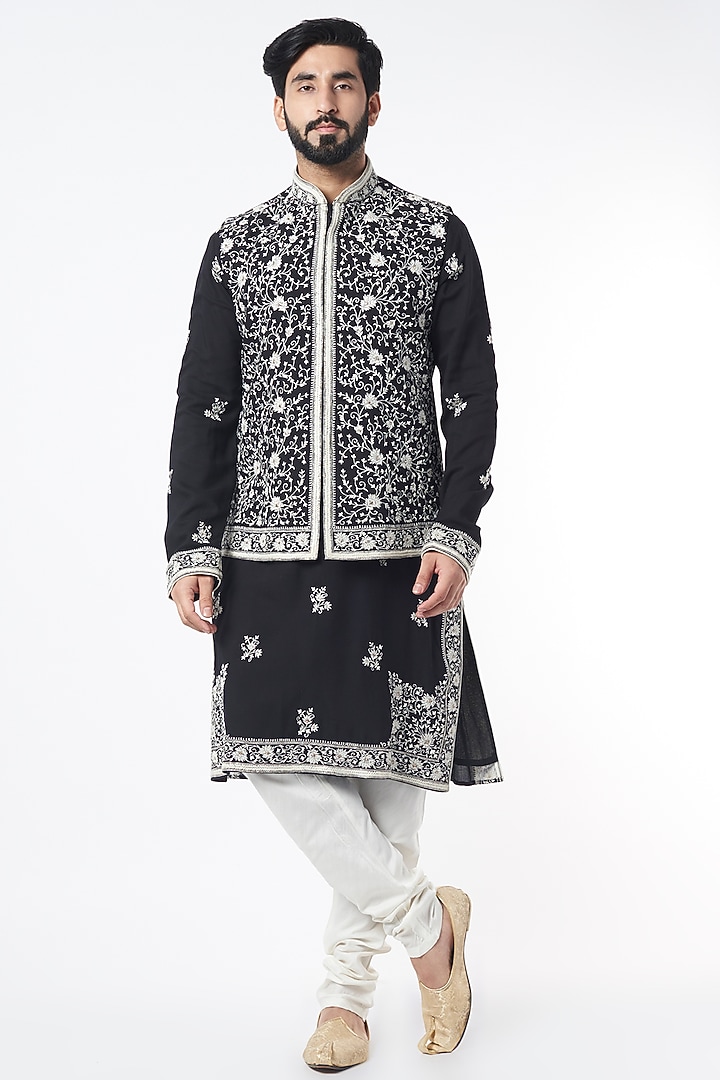 Black Rayon Kurta Set With Bundi Jacket by KORA BY NILESH MITESH at Pernia's Pop Up Shop