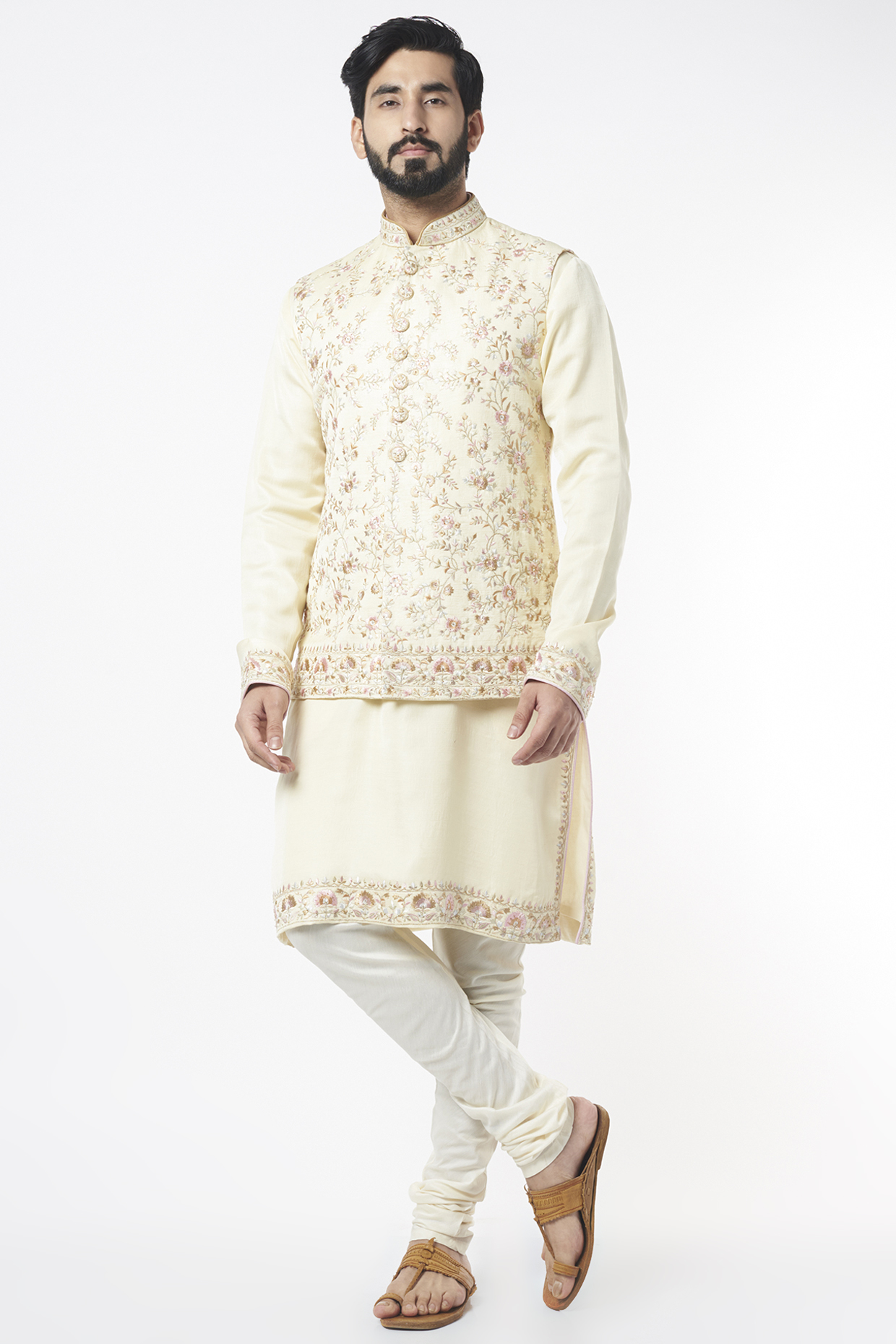 Cream Blended Silk Embroidered Bundi Jacket Set by KORA BY NILESH MITESH at Pernia's Pop Up Shop