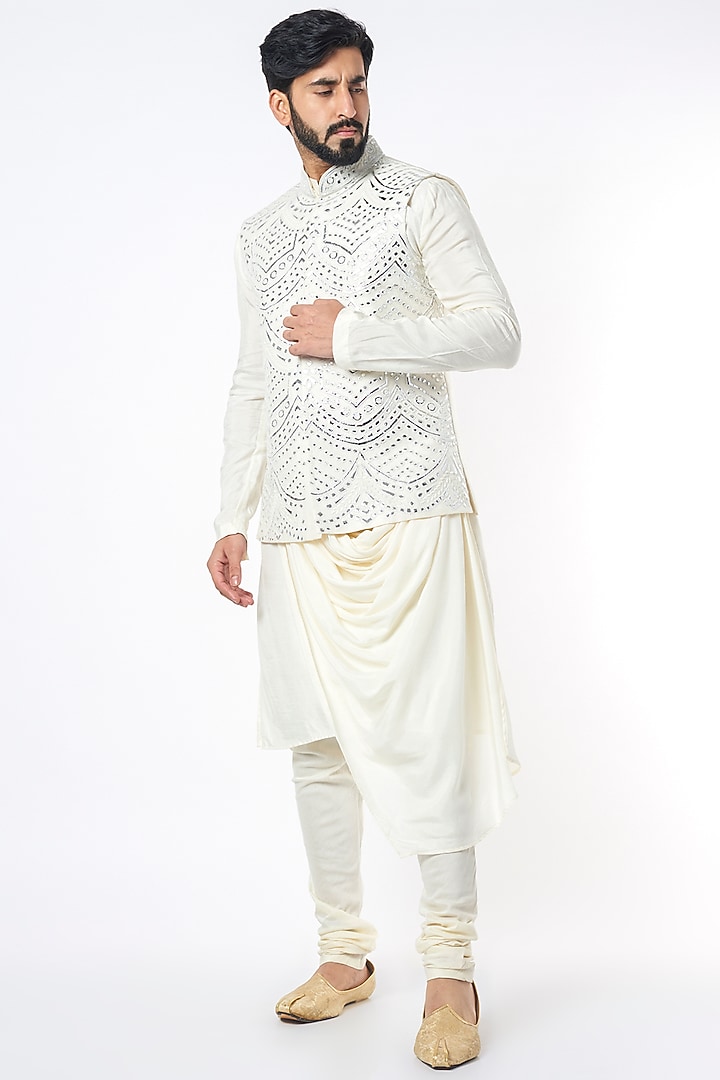 Ivory Mysore Silk Mirror Embroidered Bundi Jacket Set by KORA BY NILESH MITESH at Pernia's Pop Up Shop