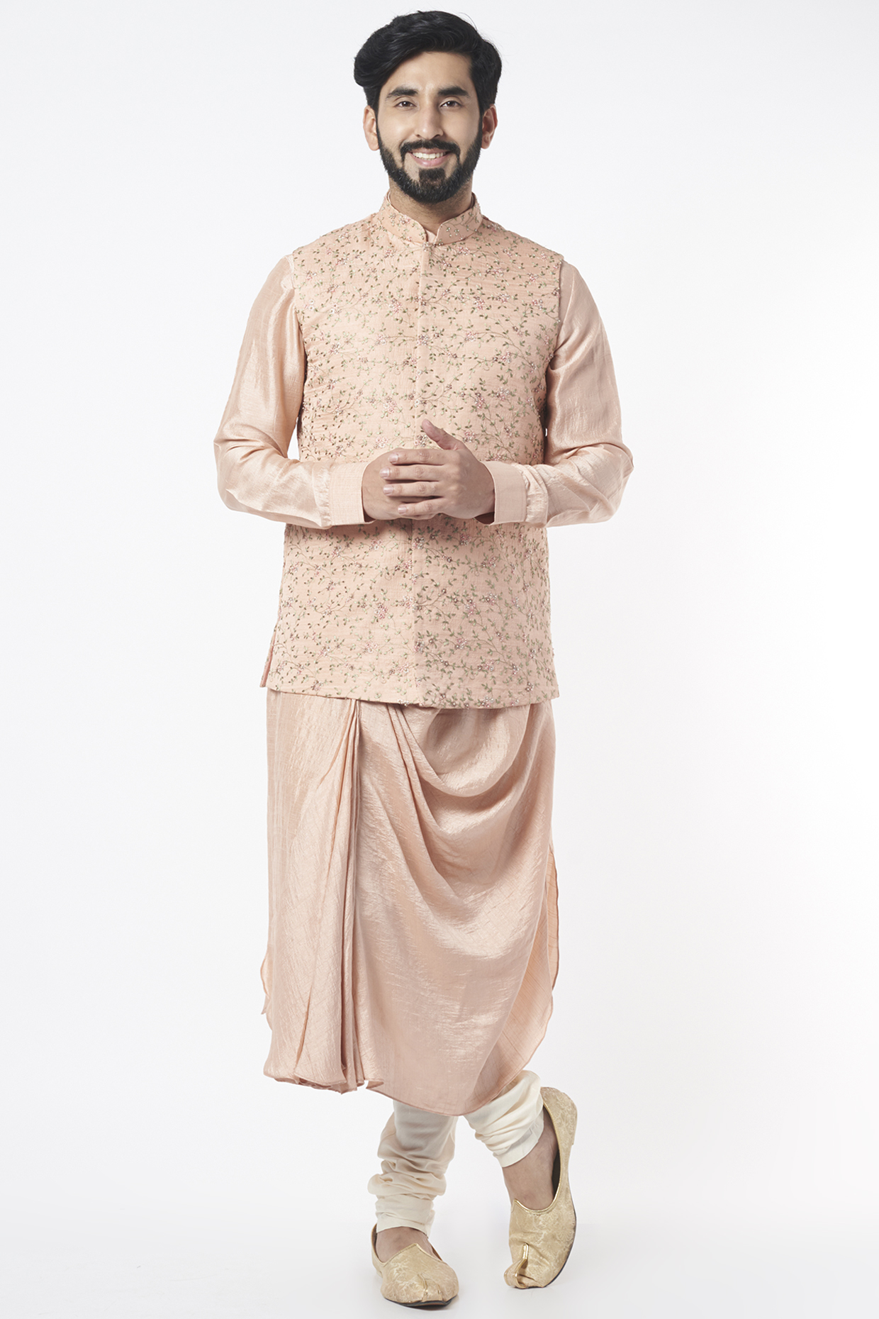 Peach Raw Silk Digital Printed Nehru Jacket by KORA BY NILESH MITESH at Pernia's Pop Up Shop