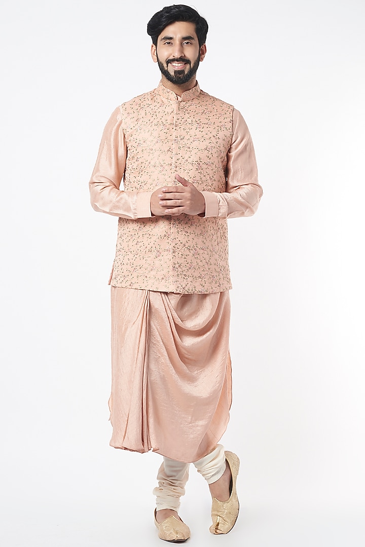 Peach Raw Silk Digital Printed Nehru Jacket by KORA BY NILESH MITESH at Pernia's Pop Up Shop