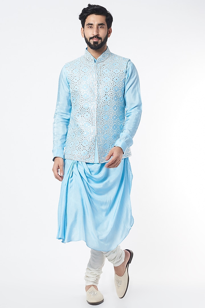 Sky Blue Mysore Silk Mirror Embroidered Bundi Jacket Set by KORA BY NILESH MITESH at Pernia's Pop Up Shop