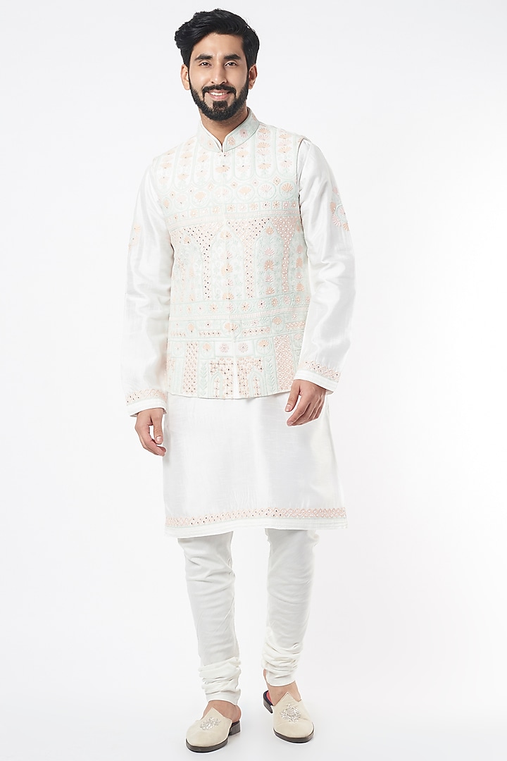 White Pure Raw Silk Mirror Embroidered Bundi Jacket Set by KORA BY NILESH MITESH at Pernia's Pop Up Shop