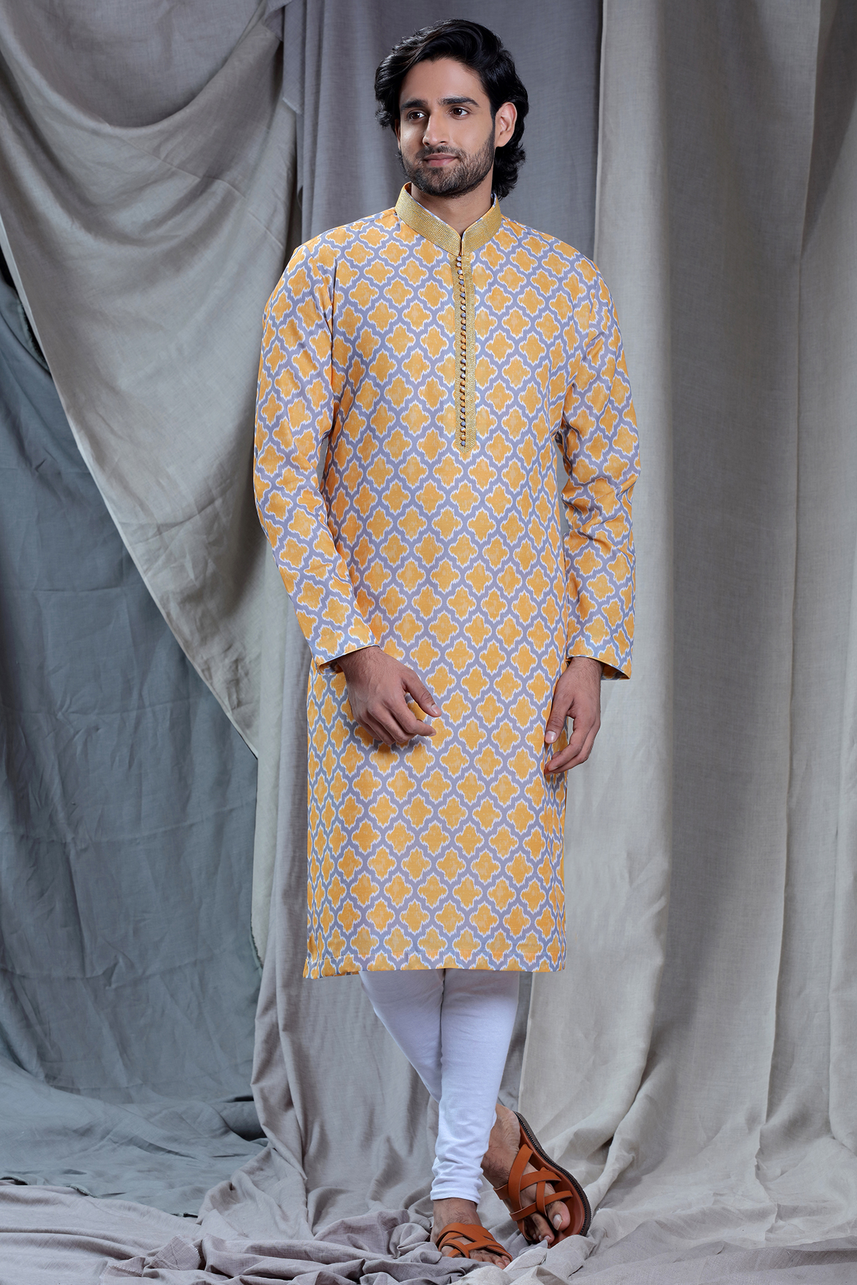 Yellow Printed Kurta Set by KORA BY NILESH MITESH