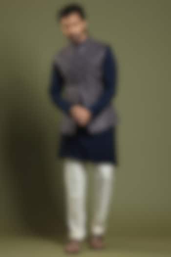 Dark Navy Blue Kurta Set With Bundi Jacket by KORA BY NILESH MITESH at Pernia's Pop Up Shop
