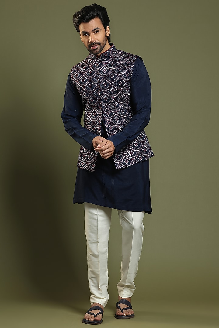 Dark Navy Blue Kurta Set With Bundi Jacket by KORA BY NILESH MITESH at Pernia's Pop Up Shop