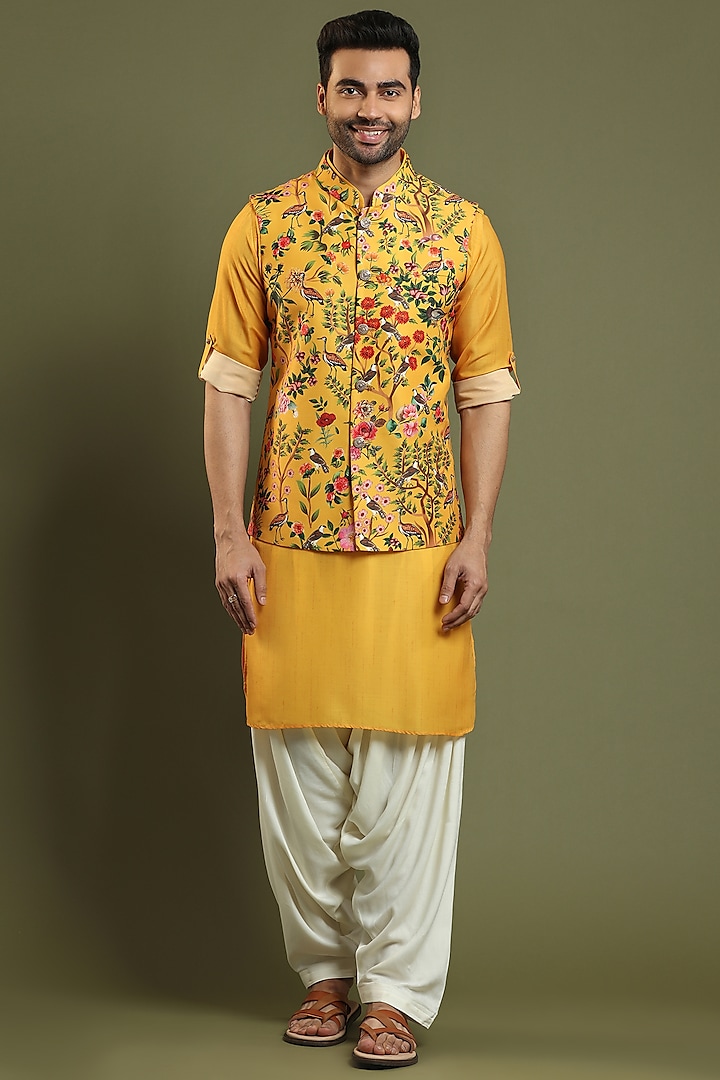 Mustard Kurta Set With Printed Bundi Jacket by KORA BY NILESH MITESH at Pernia's Pop Up Shop