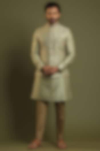 Olive Green Embroidered Kurta Set With Bundi Jacket by KORA BY NILESH MITESH at Pernia's Pop Up Shop