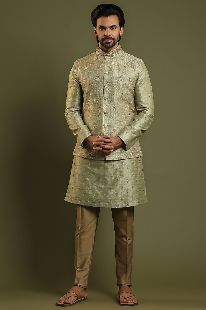 Olive Green Embroidered Kurta Set With Bundi Jacket by KORA BY NILESH MITESH at Pernia's Pop Up Shop