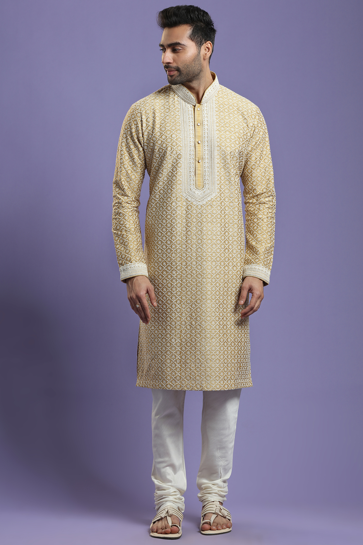 Mocha Gold Embroidered Kurta Set by KORA BY NILESH MITESH