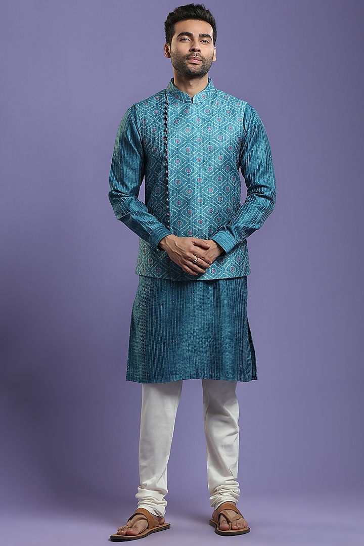 Ocean Blue Blended Silk Bandhej Printed Bundi Jacket Set by KORA BY NILESH MITESH