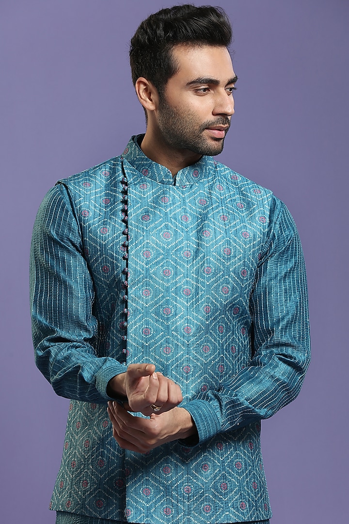 Buy KORA BY NILESH MITESH Ocean Blue Kurta Set With Bundi Jacket at ...