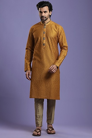 Mustard Embroidered Kurta Set by KORA BY NILESH MITESH