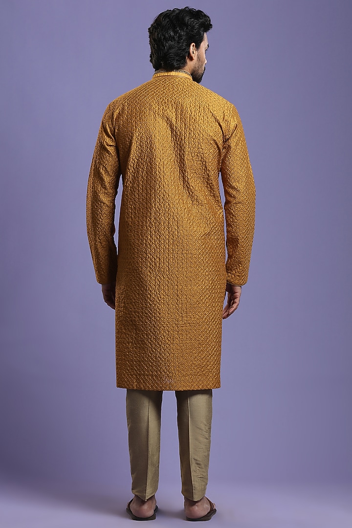 Mustard Embroidered Kurta Set by KORA BY NILESH MITESH at Pernia's Pop Up Shop