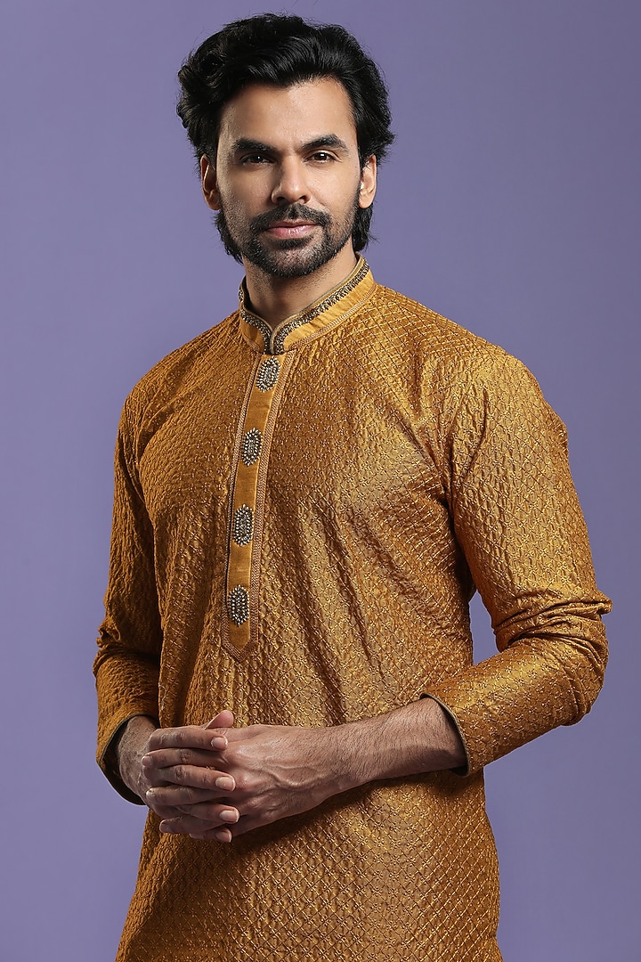 Mustard Embroidered Kurta Set by KORA BY NILESH MITESH at Pernia's Pop Up Shop