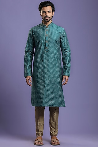 Rama Green Embroidered Kurta Set by KORA BY NILESH MITESH