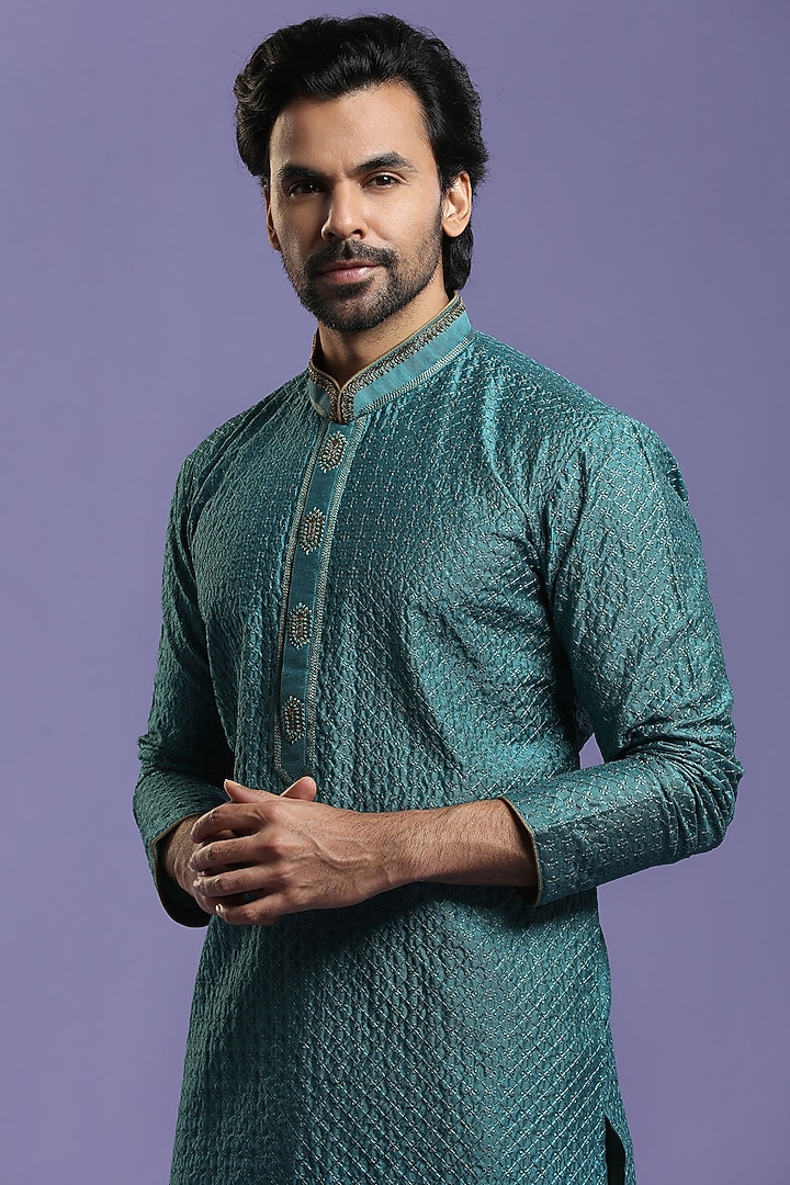 Rama Green Embroidered Kurta Set by KORA BY NILESH MITESH at Pernia's Pop Up Shop