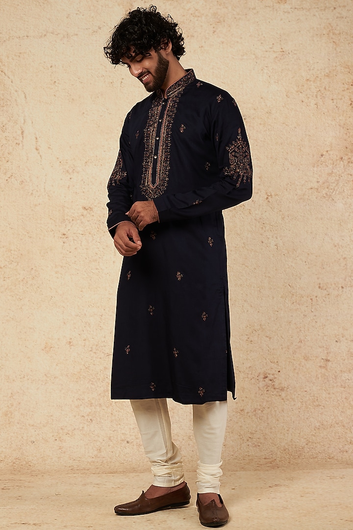 Deep Navy Blue Embroidered Kurta Set by KORA BY NILESH MITESH at Pernia's Pop Up Shop