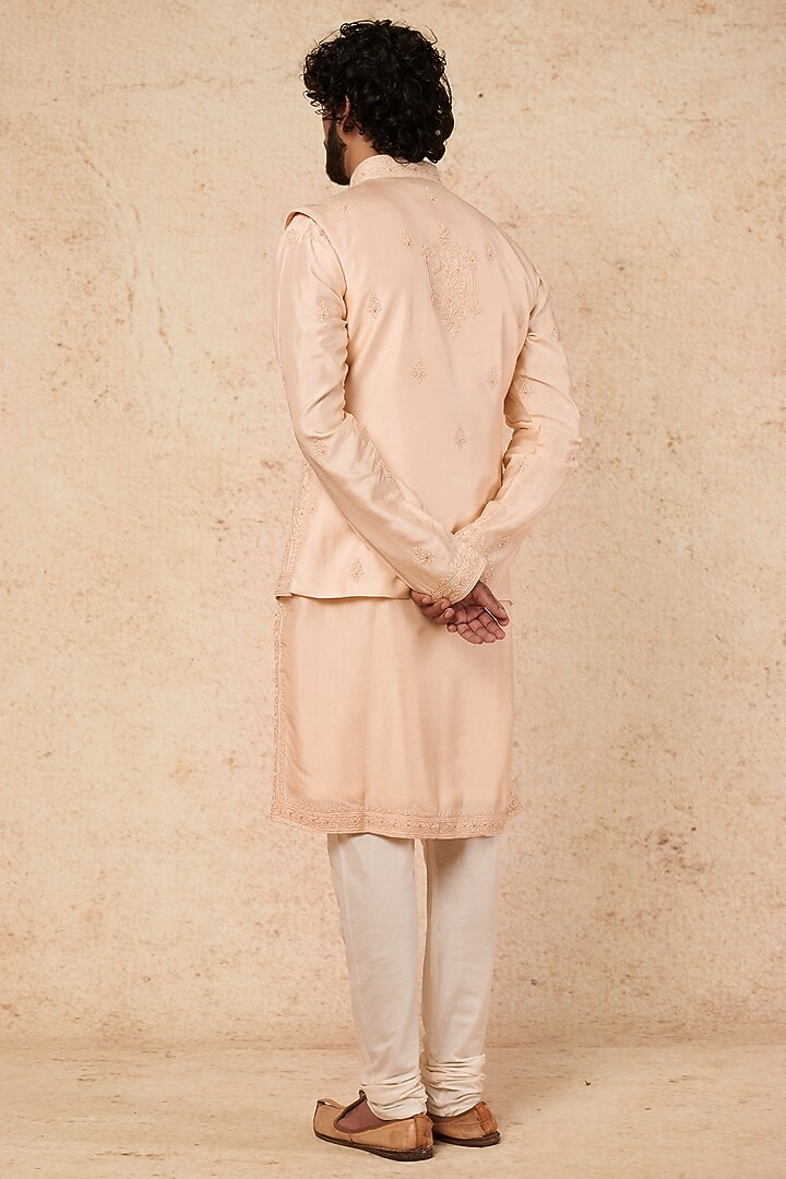 Peach Silk Embroidered Bundi Jacket Set by KORA BY NILESH MITESH at Pernia's Pop Up Shop