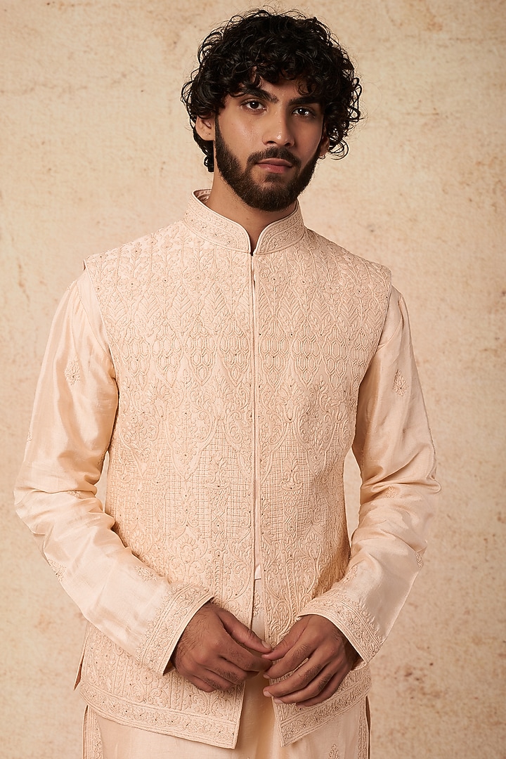 Peach Silk Embroidered Bundi Jacket Set by KORA BY NILESH MITESH at Pernia's Pop Up Shop