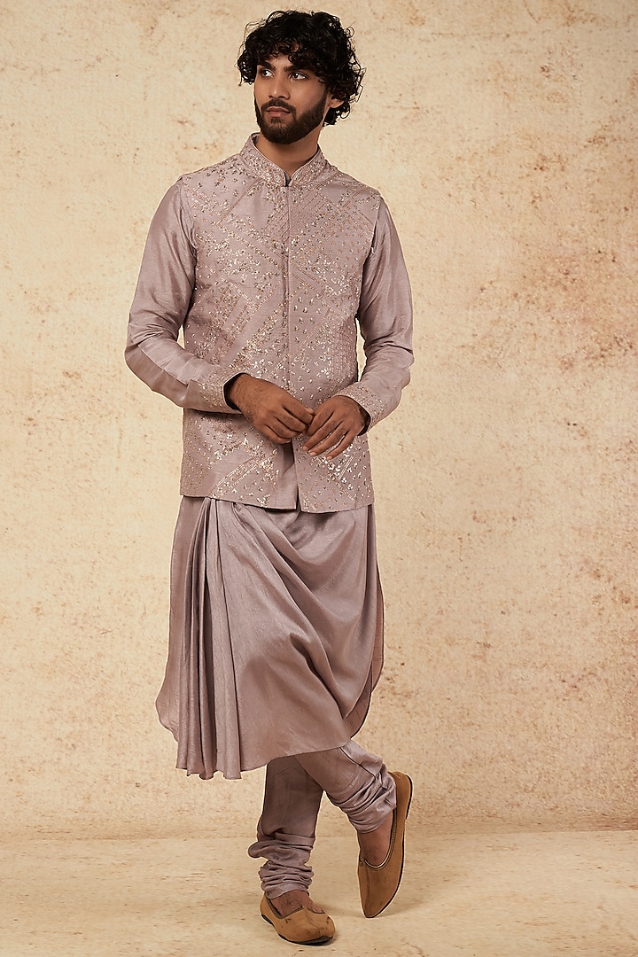 Mauve Embroidered Bundi Jacket With Kurta Set by KORA BY NILESH MITESH