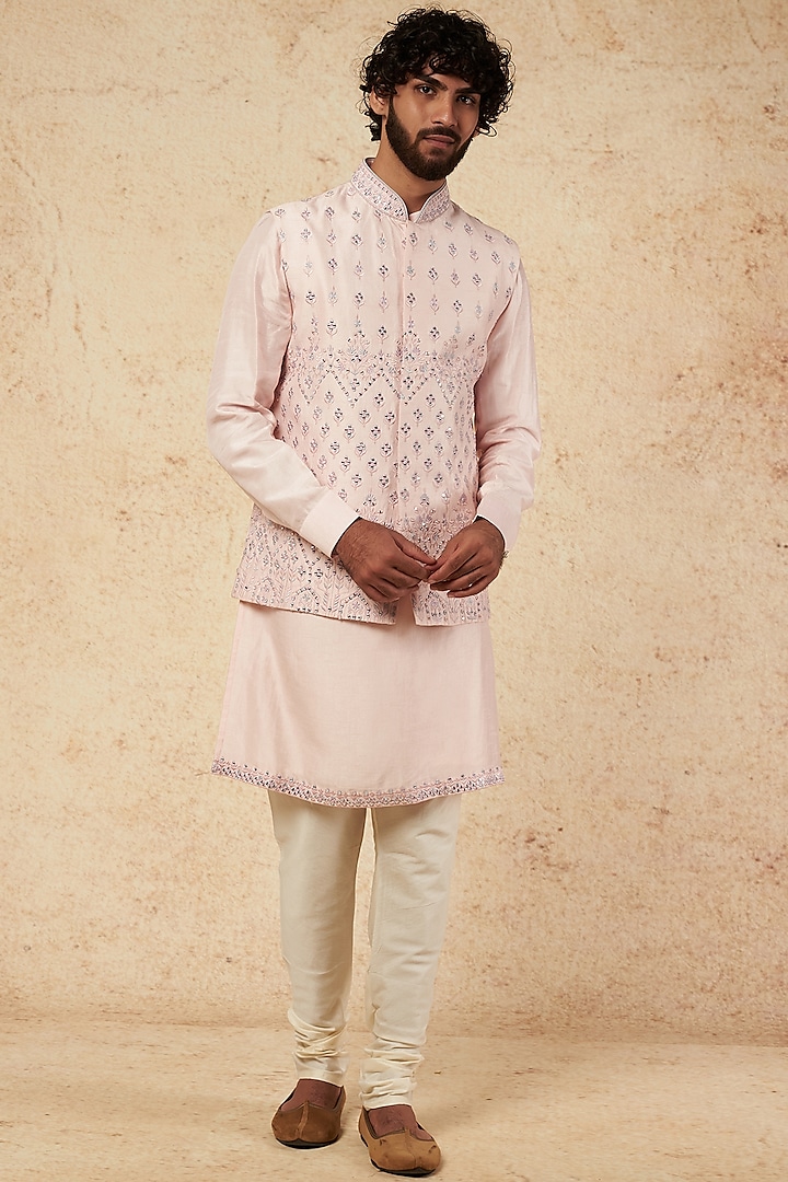 Pastel Pink Embroidered Bundi Jacket With Kurta Set by KORA BY NILESH MITESH