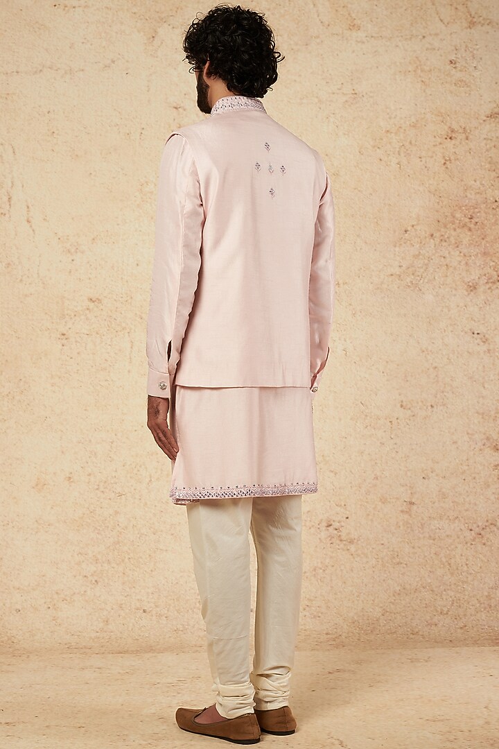 Pastel Pink Embroidered Bundi Jacket With Kurta Set by KORA BY NILESH MITESH at Pernia's Pop Up Shop