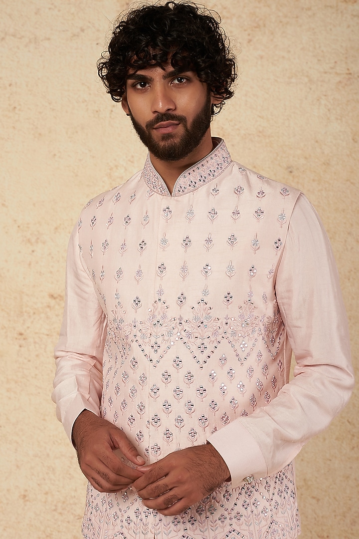 Pastel Pink Embroidered Bundi Jacket With Kurta Set by KORA BY NILESH MITESH at Pernia's Pop Up Shop
