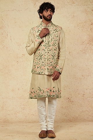 Pearl Olive Embroidered Bundi Jacket With Kurta Set by KORA BY NILESH MITESH