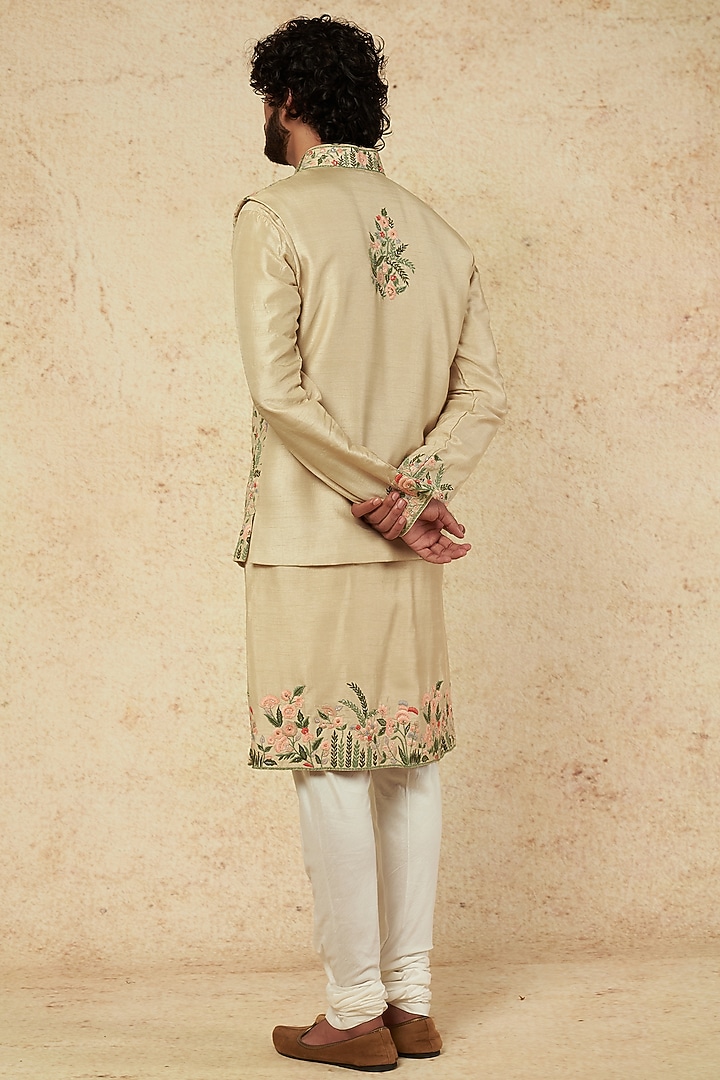 Pearl Olive Embroidered Bundi Jacket With Kurta Set by KORA BY NILESH MITESH at Pernia's Pop Up Shop