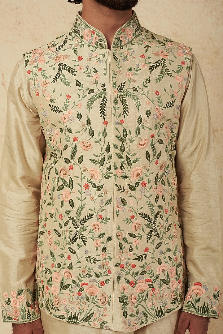 Pearl Olive Embroidered Bundi Jacket With Kurta Set by KORA BY NILESH MITESH at Pernia's Pop Up Shop