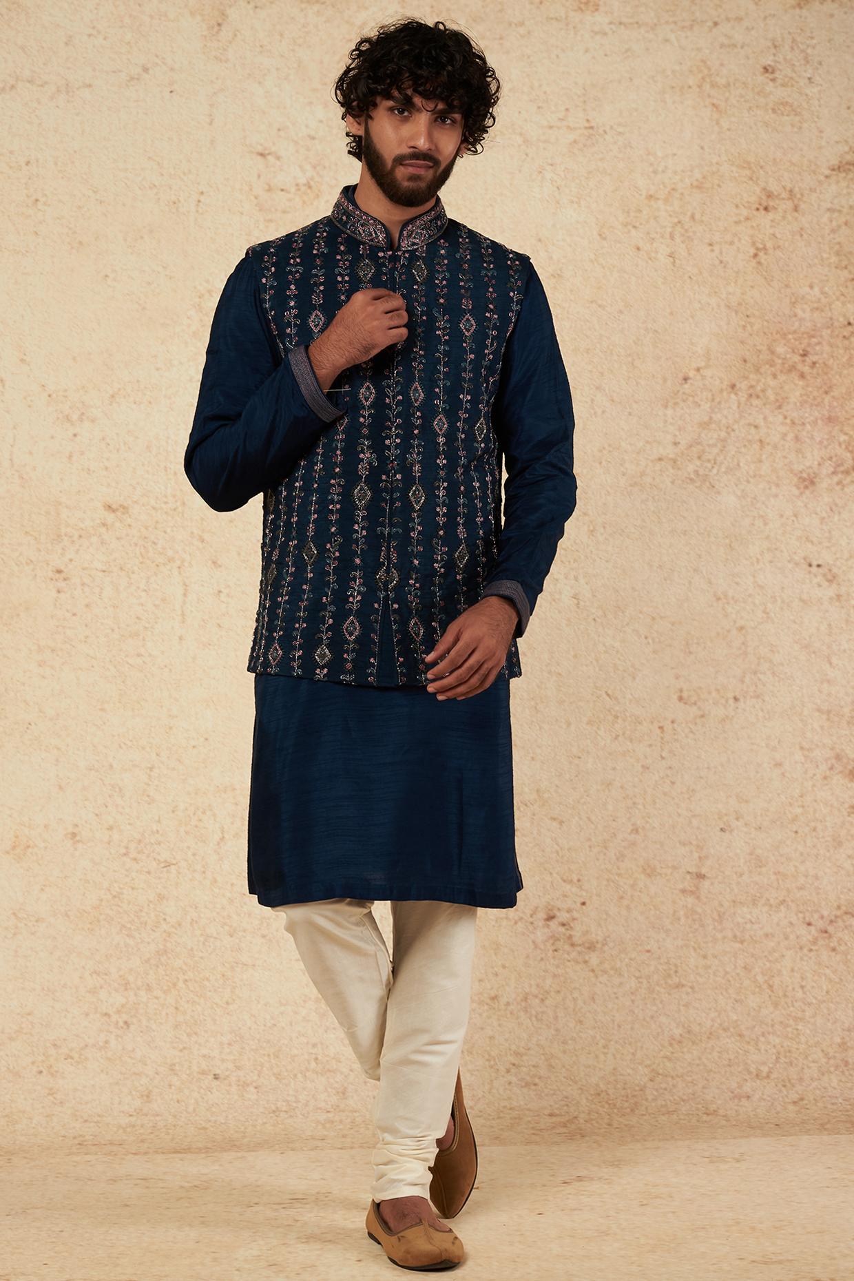 Ink Blue Blended Silk Embroidered Bundi Jacket Set by KORA BY NILESH MITESH at Pernia's Pop Up Shop
