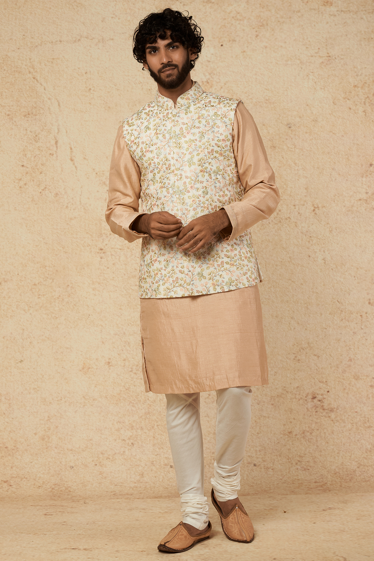 Pearl Cream Embroidered Bundi Jacket With Kurta Set by KORA BY NILESH MITESH at Pernia's Pop Up Shop