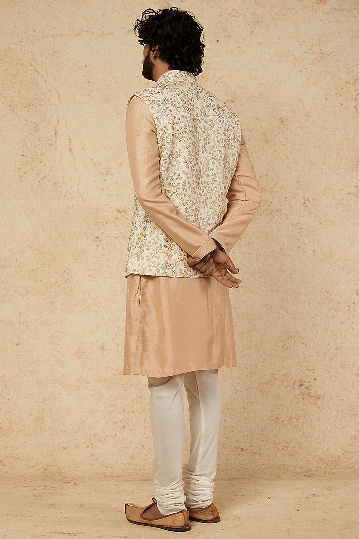 Pearl Cream Embroidered Bundi Jacket With Kurta Set by KORA BY NILESH MITESH at Pernia's Pop Up Shop