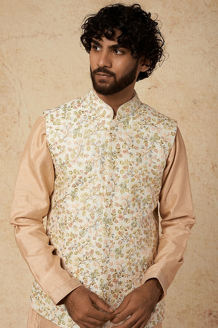 Pearl Cream Embroidered Bundi Jacket With Kurta Set by KORA BY NILESH MITESH at Pernia's Pop Up Shop