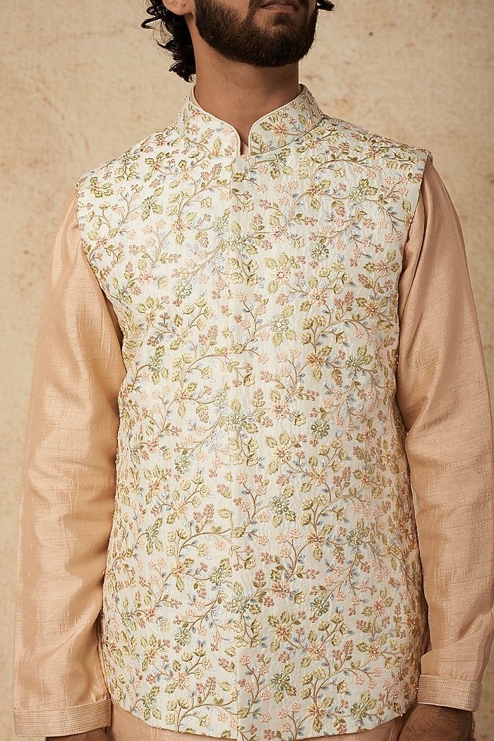 Pearl Cream Embroidered Bundi Jacket With Kurta Set by KORA BY NILESH MITESH at Pernia's Pop Up Shop