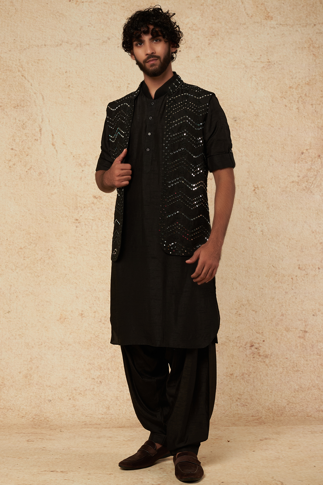 Jet Black Embellished Wedding Indowestern Set
 by KORA BY NILESH MITESH at Pernia's Pop Up Shop