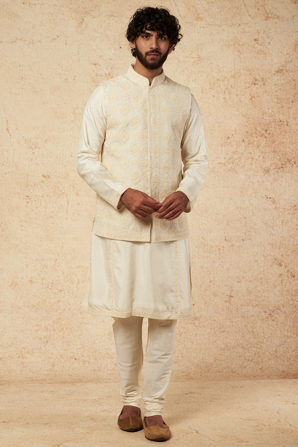 Pearl Ivory Blended Silk Thread Embroidered Bundi Jacket Set by KORA BY NILESH MITESH at Pernia's Pop Up Shop