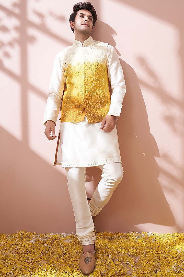 Cream & Yellow Silk Embroidered Bundi Jacket With Kurta Set by KORA BY NILESH MITESH