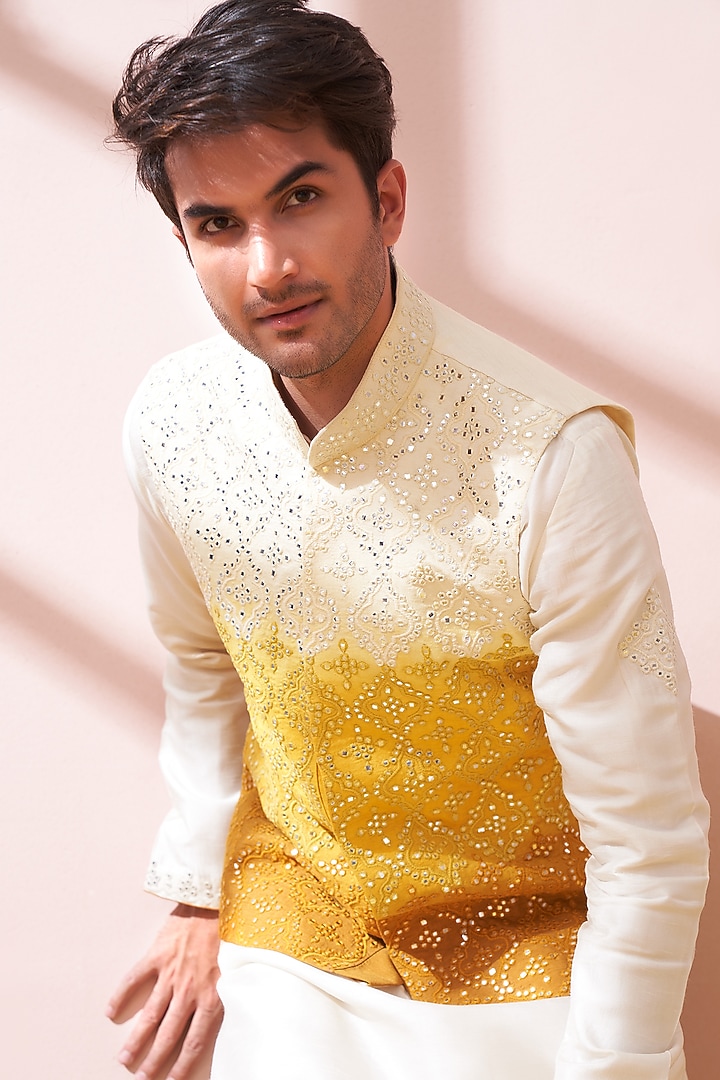 Cream & Yellow Ombre Pure Silk Mirror Embroidered Bundi Jacket Set by KORA BY NILESH MITESH at Pernia's Pop Up Shop