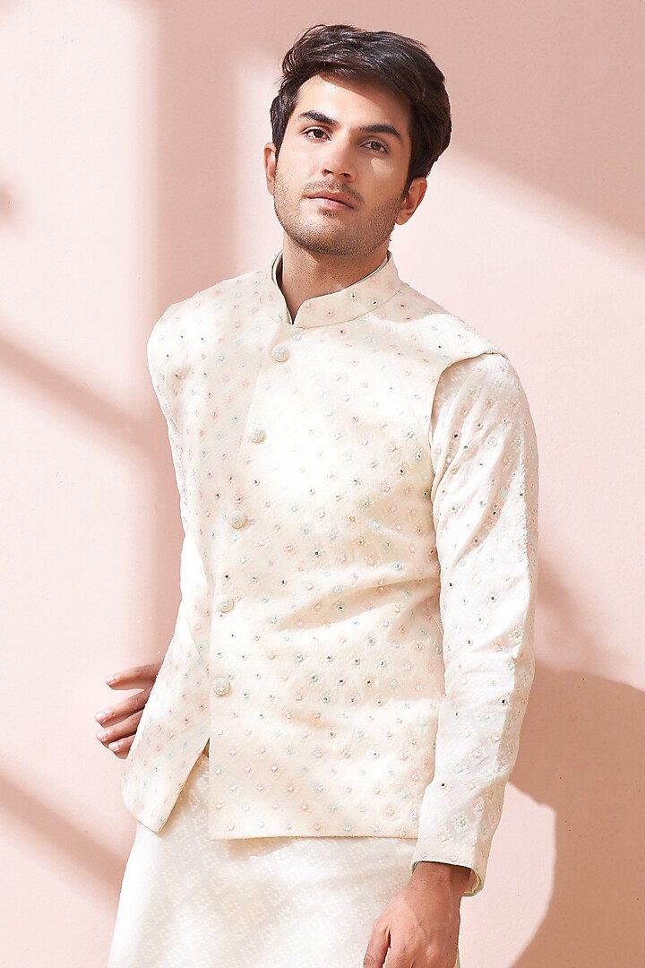 White Chanderi Silk Lucknowi Embroidered Bundi Jacket Set by KORA BY NILESH MITESH at Pernia's Pop Up Shop