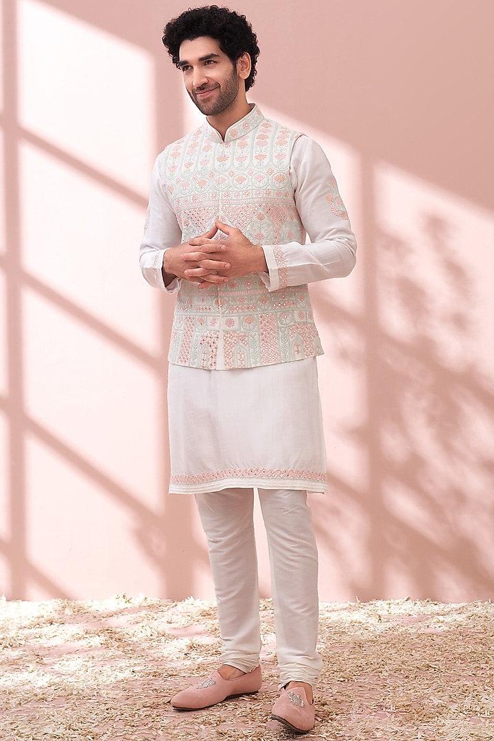 White Chanderi Embroidered Bundi Jacket With Kurta Set by KORA BY NILESH MITESH
